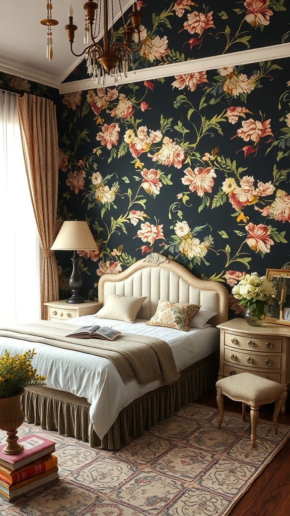 12 Stunning Black Wallpaper Ideas to Elevate Your Space 8 A bedroom featuring vintage floral black wallpaper with a cozy bed and elegant decor.
