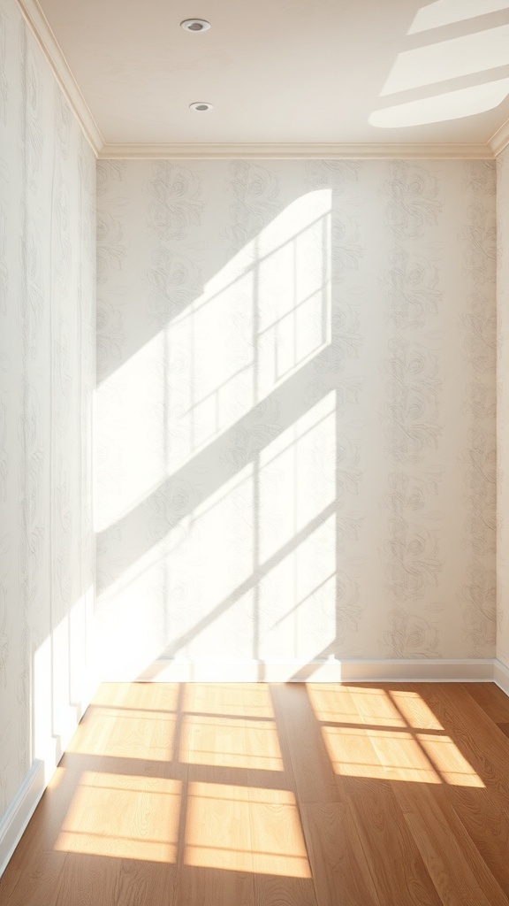 10 Stunning White Wallpaper Ideas to Brighten Your Space 5 A well-lit room with white wallpaper and wooden flooring, showcasing sunlight casting shadows.