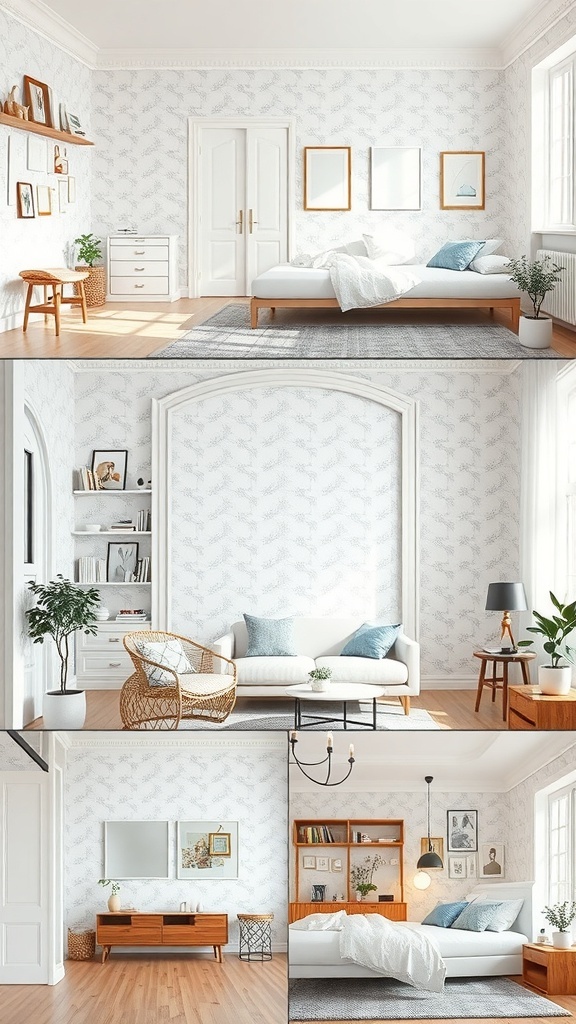 10 Stunning White Wallpaper Ideas to Brighten Your Space 3 A collage of rooms featuring white wallpaper, showcasing a bedroom, living area, dining space, and another bedroom, all with elegant designs.