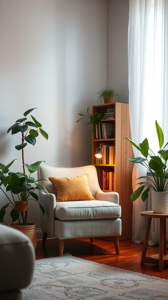 9 Cozy Earthy Living Room Ideas for a Natural Feel 9 A cozy reading nook with a soft chair, plants, and a small bookshelf in a living room.