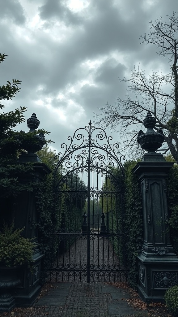 11 Stunning Gothic Home Decor Ideas to Transform Your Space 3 A gothic iron gate surrounded by greenery under a cloudy sky.