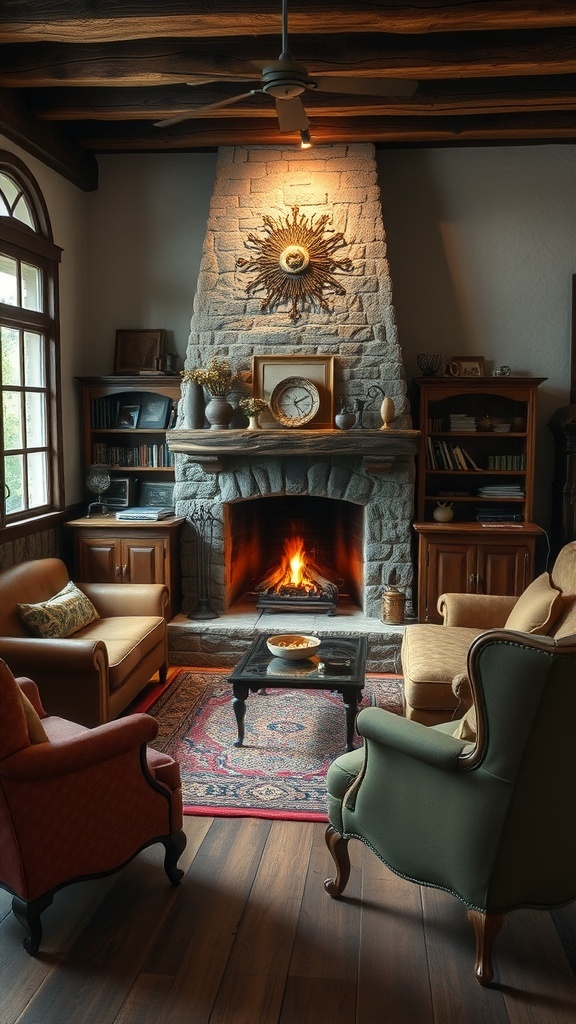 9 Stunning Living Room Designs to Inspire Your Home Makeover 2 Cozy living room with a stone fireplace, vintage furniture, and warm lighting.