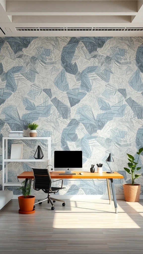 A stylish workspace featuring customizable wallpaper with geometric shapes in blue tones, a modern desk, and plants.