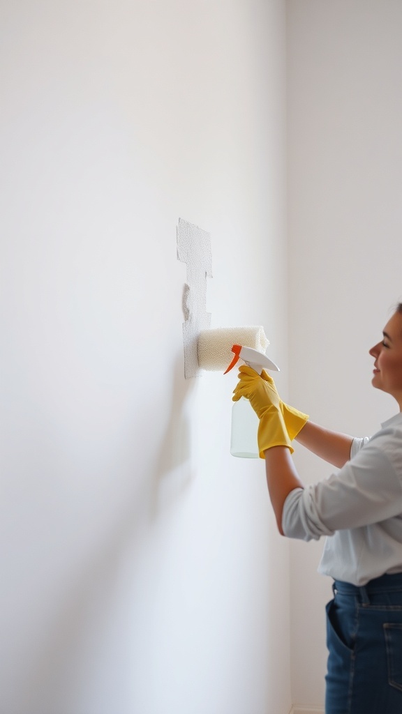 10 Stunning White Wallpaper Ideas to Brighten Your Space 4 A person applying touch-up paint to white wallpaper with a roller and spray bottle.