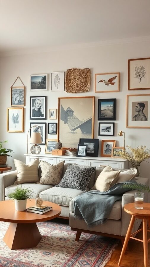 Cozy living room with a gallery wall of framed art, a comfortable sofa with cushions, and a warm color palette.