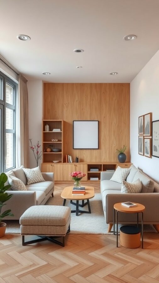 A cozy living room featuring two light-colored sofas, a wooden coffee table, an ottoman, and a shelving unit with plants and decor.