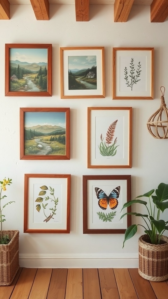 10 Nature-Inspired Items for Earthy Cottage Home Decor 4 A collection of nature-inspired artwork framed and hung on a wall, featuring landscapes and botanical illustrations.