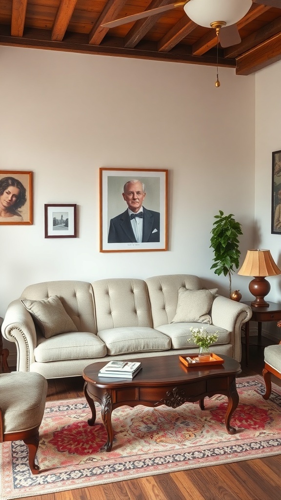 11 Stunning Living Room Inspiration Ideas You'll Love 2 A vintage-inspired living room featuring a beige sofa, wooden coffee table, and framed portraits on the wall.