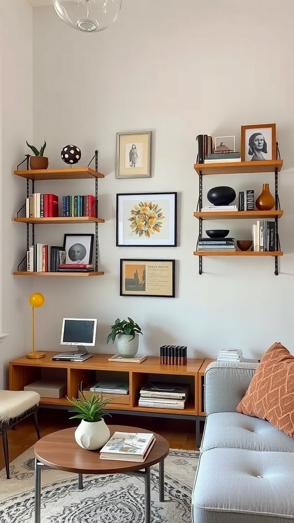 A small living room with stylish shelving, books, and decorative items.