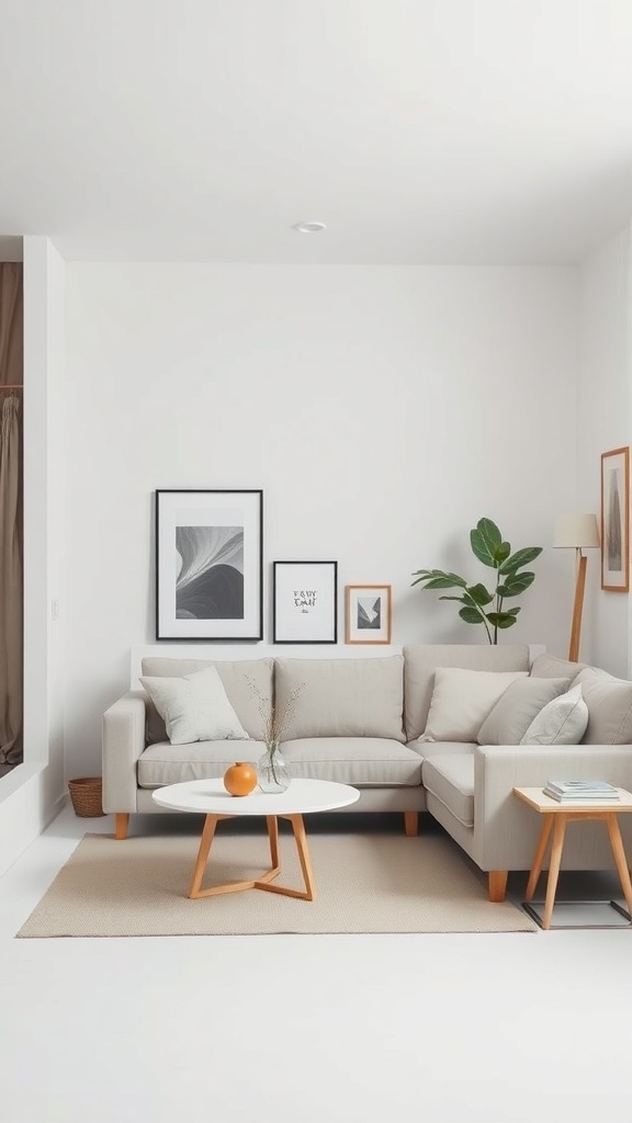 A small living room featuring a light-colored sectional sofa, round coffee table, and minimalist decor with framed artwork and a plant.