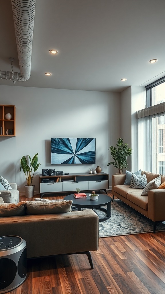 9 Stunning Living Room Designs to Inspire Your Home Makeover 9 A stylish urban living room featuring modern furniture, a mounted TV, and potted plants.