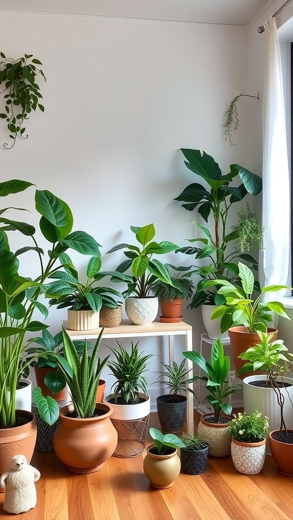 9 Cozy Earthy Living Room Ideas for a Natural Feel 4 A collection of indoor plants in various pots arranged in a living room setting