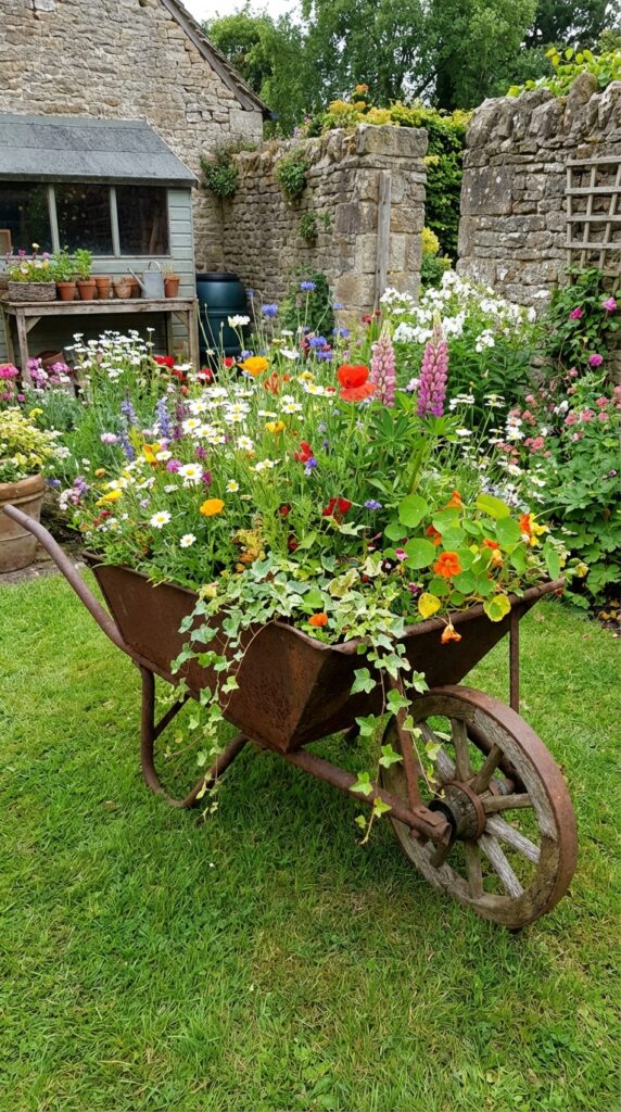 10 Rustic Garden Decor Ideas to Transform Your Outdoor Space 3 Rusted wheelbarrow filled 202603222158