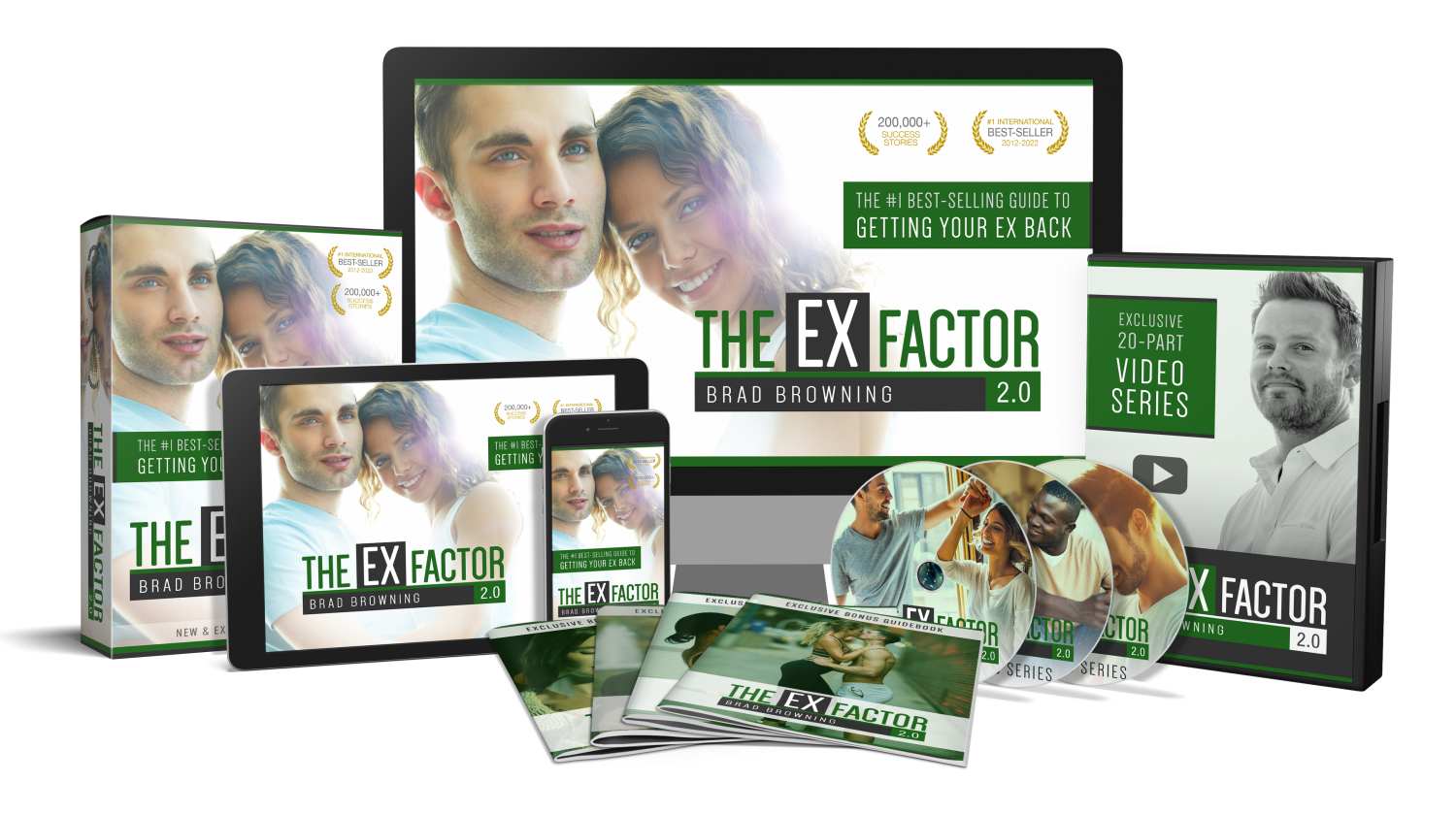 The Ex Factor 2.0 product bundle by Brad Browning shown across a box, tablet, phone, monitor, video series case, CDs, and ebook guides