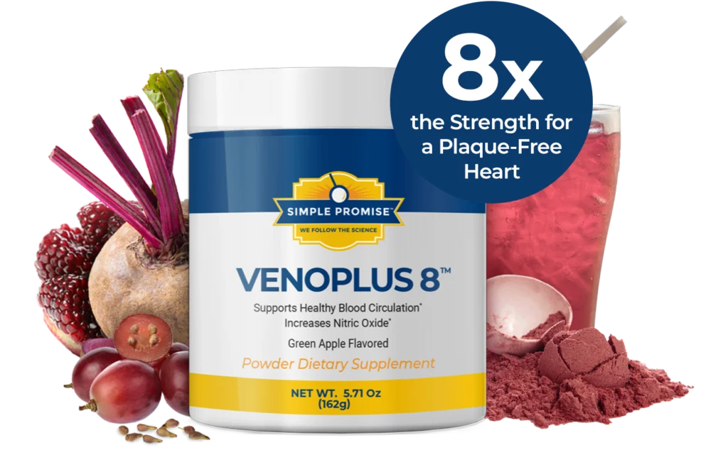VenoPlus 8 supplement tub with beetroot, berries, red powder, and drink, featuring the claim “8x the Strength for a Plaque-Free Heart.”