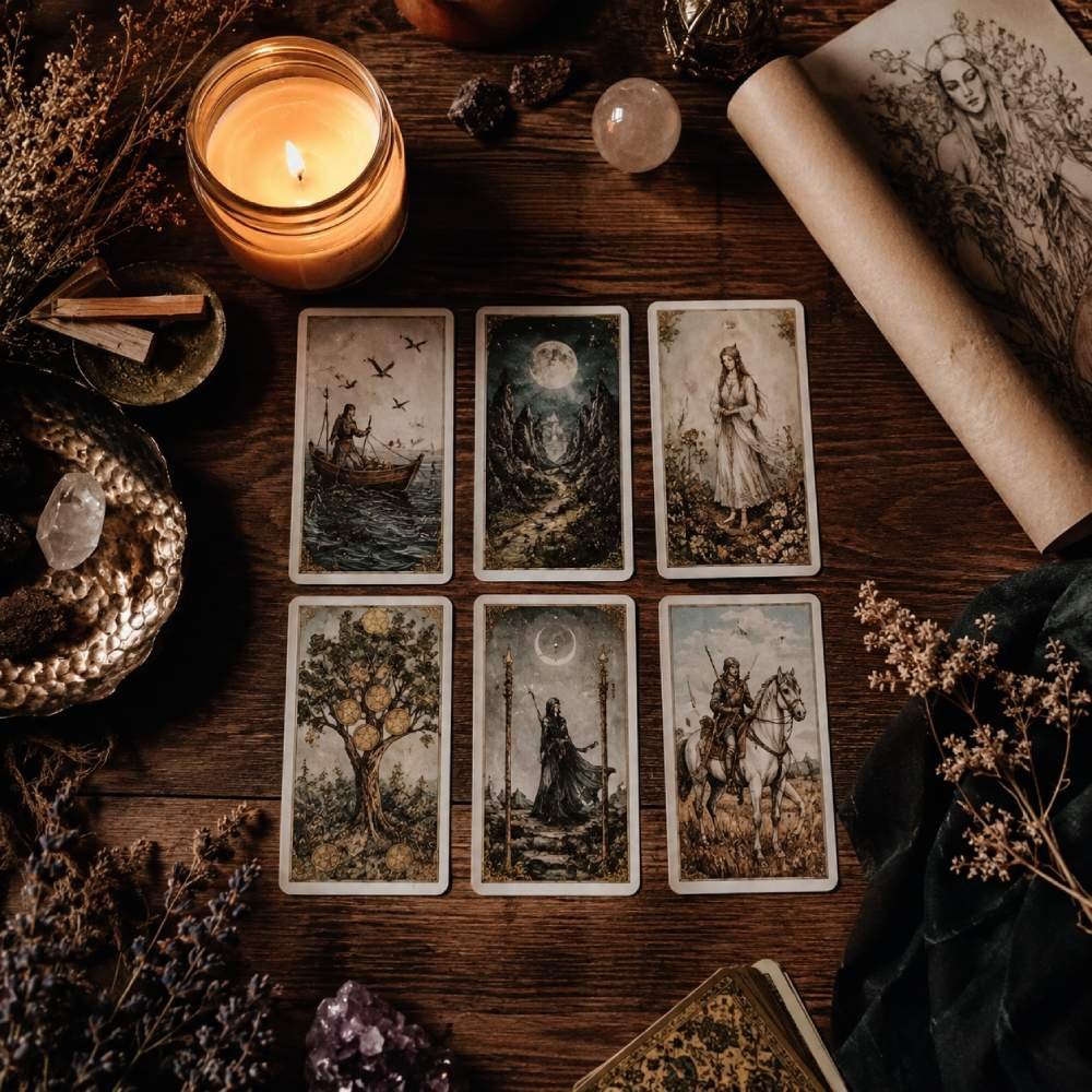 soulmate origin reading tarot cards and sketch flat lay