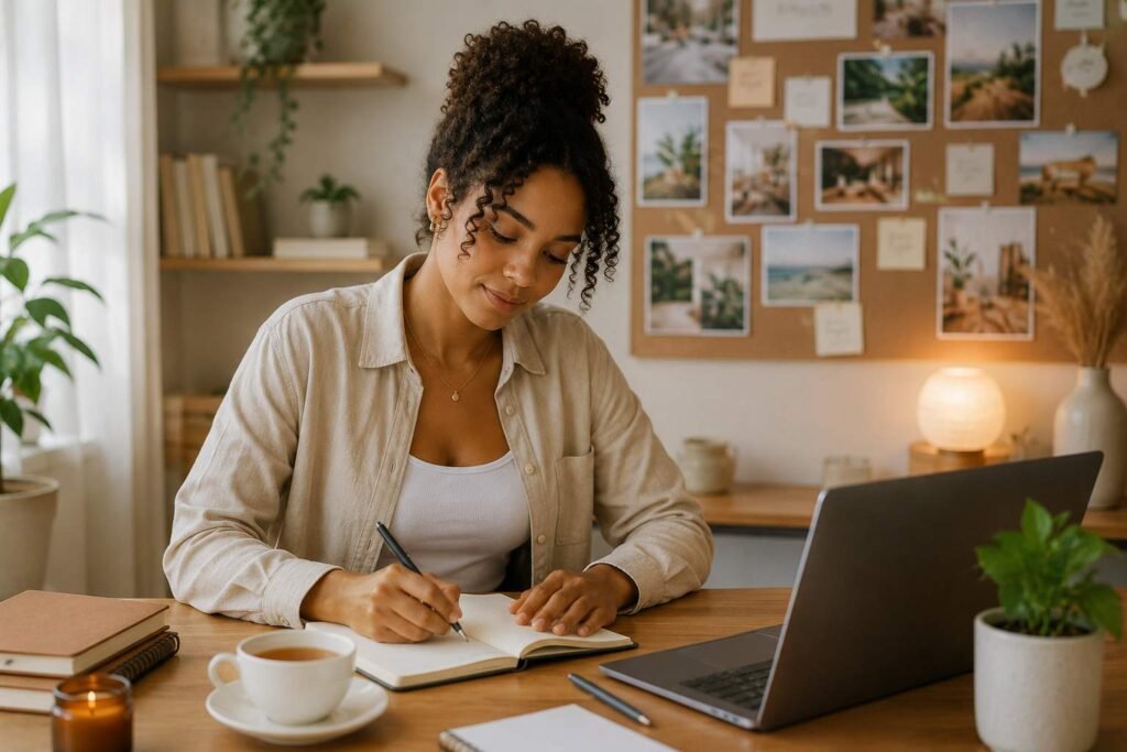Adult journaling about money mindset and abundance for a Wealth Manifest review