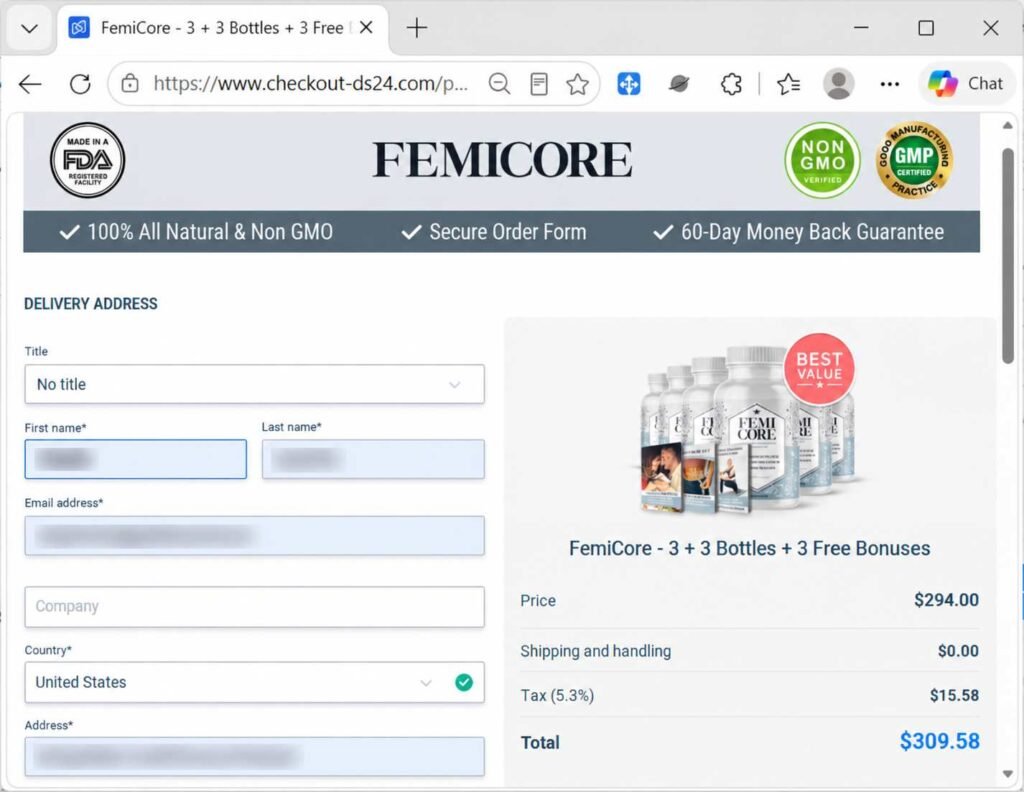 FemiCore Review (2026): My Honest Verdict on This Women's Bladder Supplement — Ingredients, Complaints, and Whether It's Worth Buying 3 Femicore checkout Page