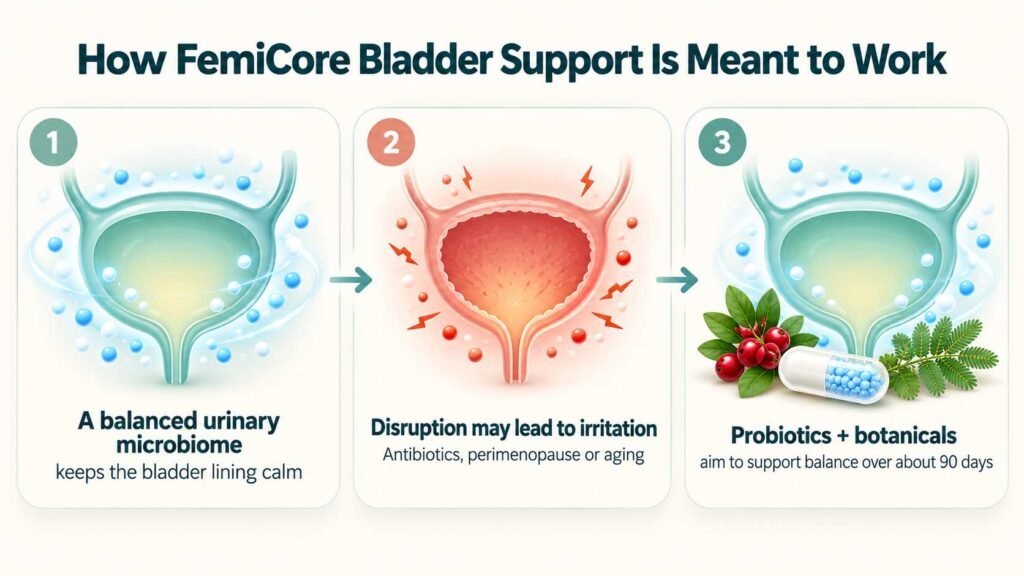 Diagram of how FemiCore bladder support is meant to work through the urinary microbiome
