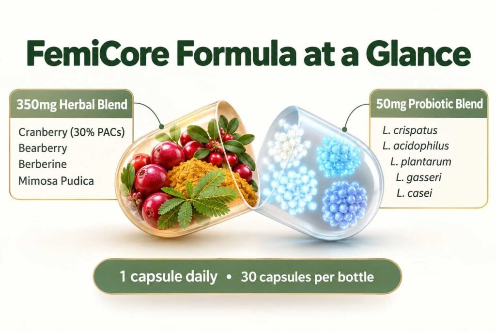 FemiCore formula ingredients: 350mg herbal blend and 50mg five-strain Lactobacillus probiotic blend