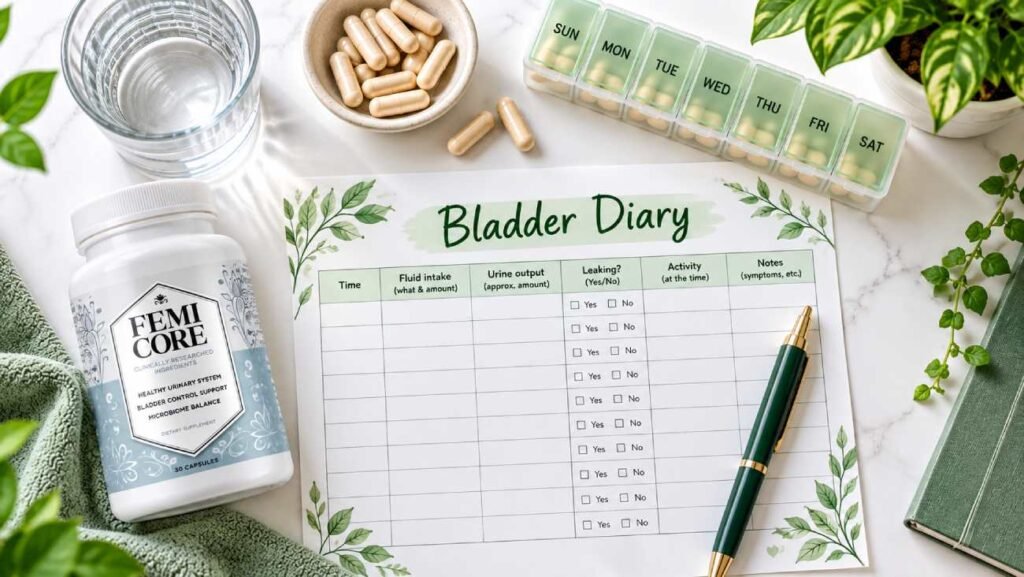 Bladder diary and capsules used to track bladder leakage progress while taking Femicore