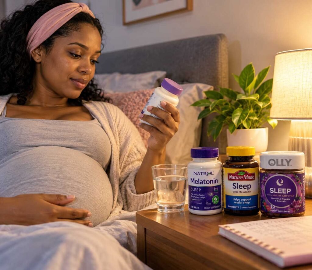 Pregnant woman sitting comfortably on her bed and reading a sleep supplement bottle, with sleep-support products, a glass of water, a notebook, and a bedside lamp in a cozy bedroom