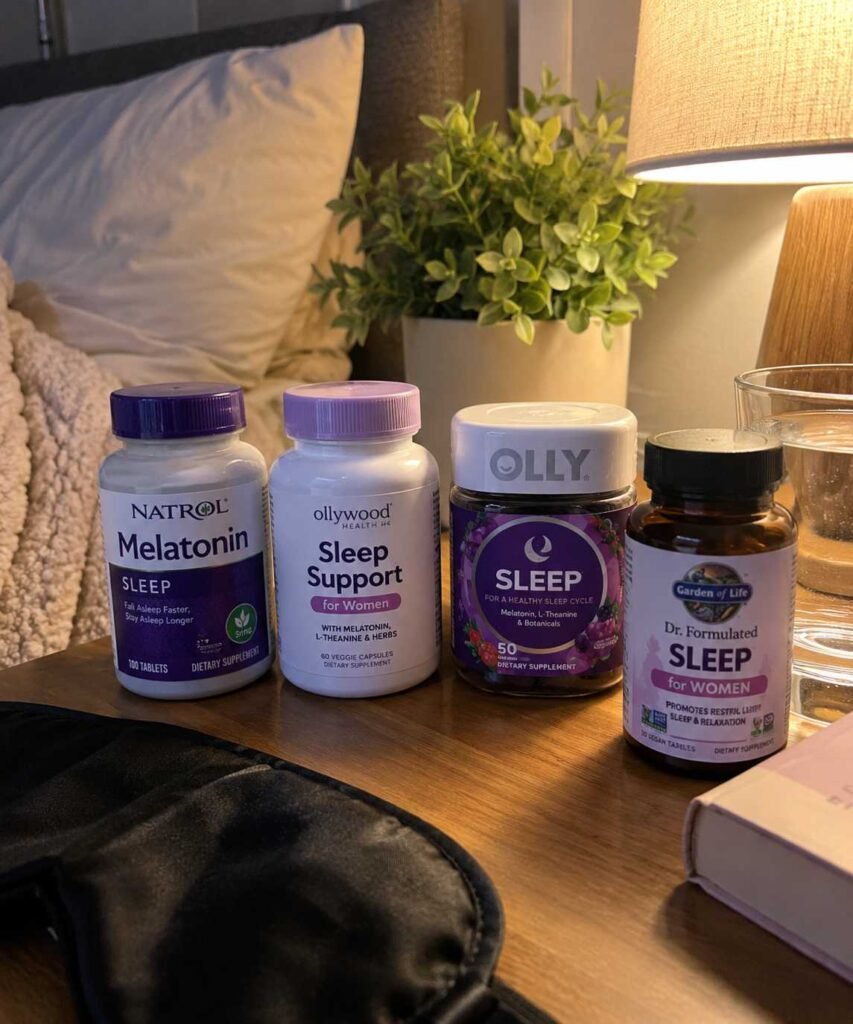 Sleep Supplements for Women: 9 Honest Things to Know Before You Buy (2026 Guide) 1 Sleep supplements for women arranged on a bedside table in a cozy bedroom with warm lighting, a potted plant, glass of water, and a sleep mask