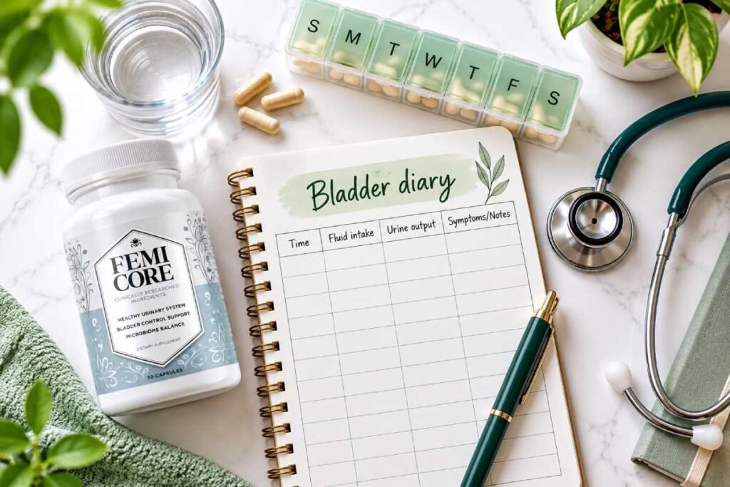 Femicore Warnings: Side Effects, Who Should Avoid It, Drug Interactions and When to Talk to a Doctor 2 Bladder diary and capsules on a desk, a simple way to track Femicore side effects before talking to a doctor
