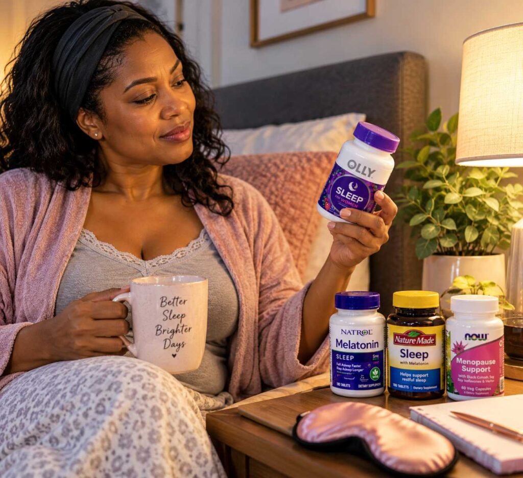 Middle-aged woman relaxing in her bedroom while holding a sleep supplement bottle and a mug, with melatonin and menopause support supplements arranged on a bedside table under warm lighting