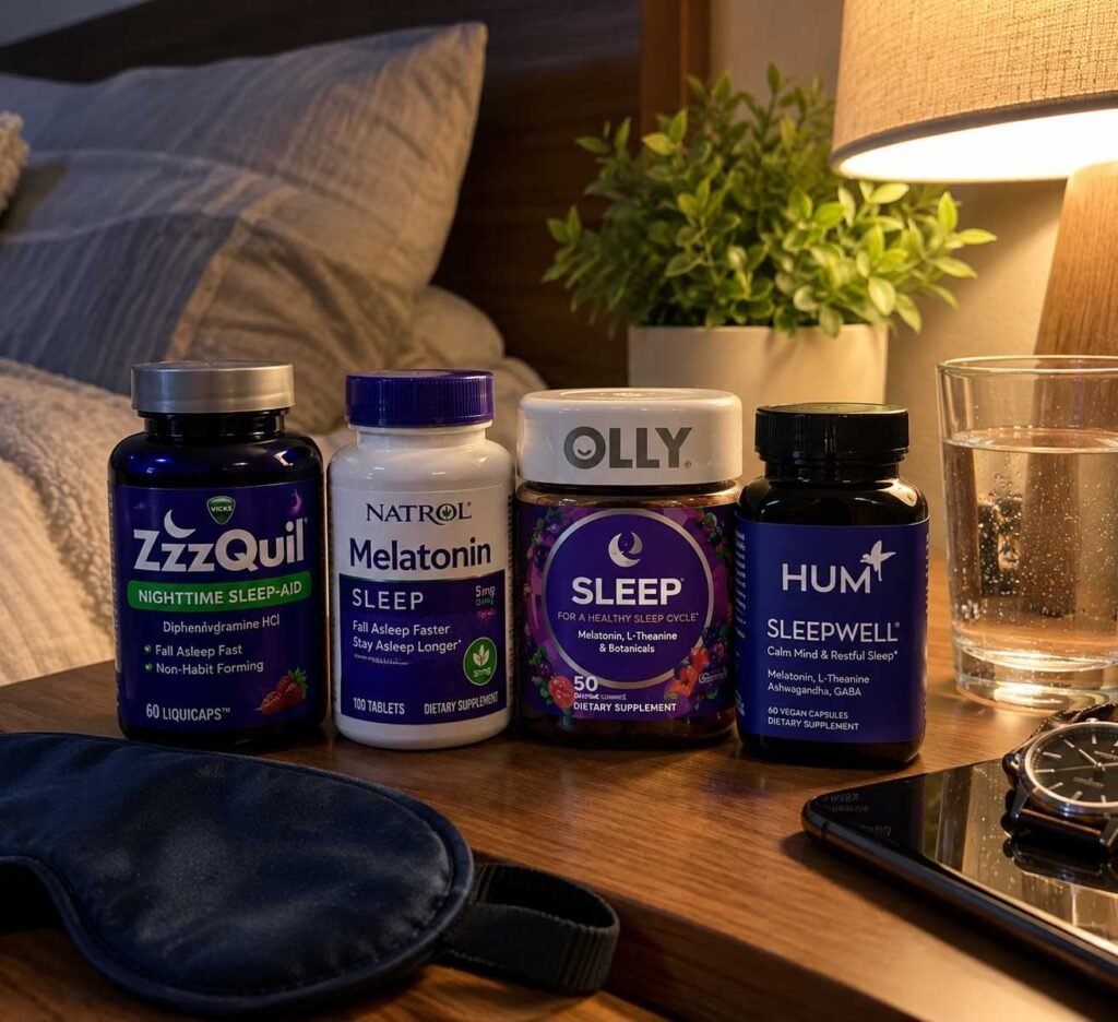 Sleep supplements for men displayed on a wooden bedside table, featuring supplement bottles, a navy sleep mask, a glass of water, a warm bedside lamp, and a green potted plant in a cozy bedroom
